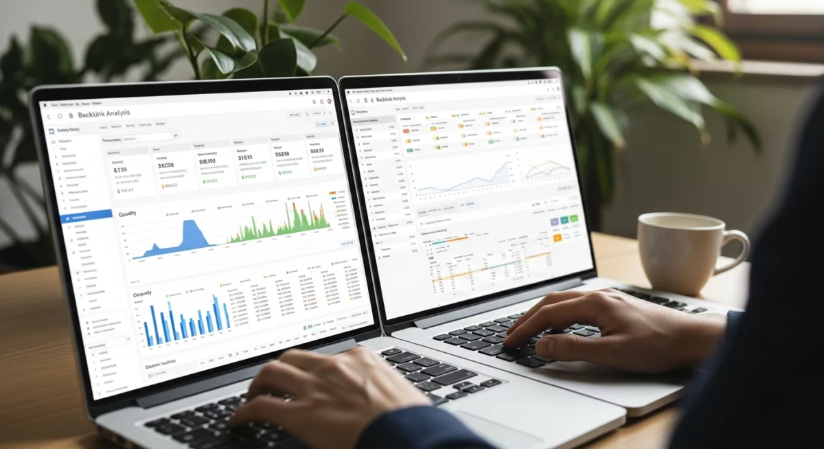 Professionnel analysant un graphique de croissance organique de backlinks sur ordinateur avec des courbes ascendantes naturelles