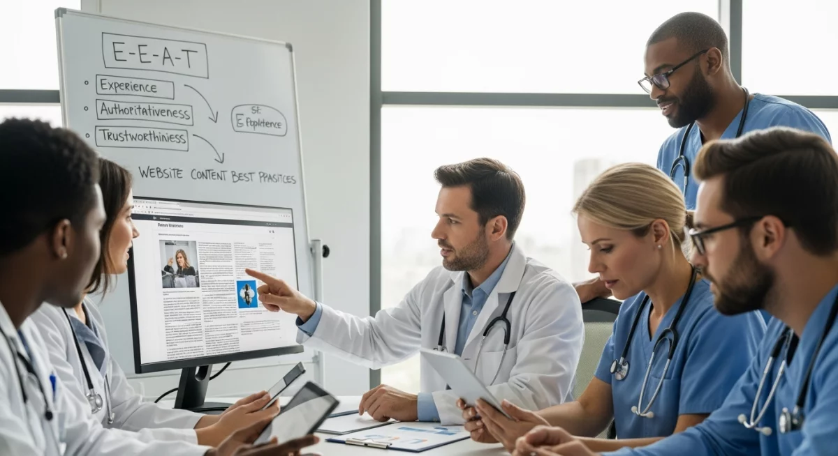 Professionnel du SEO analysant les critères E-E-A-T sur un écran d'ordinateur avec des graphiques de performance, environnement de bureau moderne, concentration intense, éclairage naturel