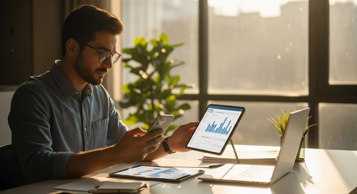 Écran d'ordinateur affichant des métriques d'analyse SEO avec graphiques de performance vocale, position zéro et taux de clics, bureau avec carnet de notes