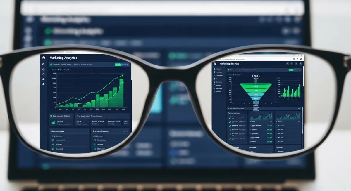 Tableau de bord analytique montrant des graphiques de ROI marketing avec courbes de croissance et KPI sur écran d'ordinateur