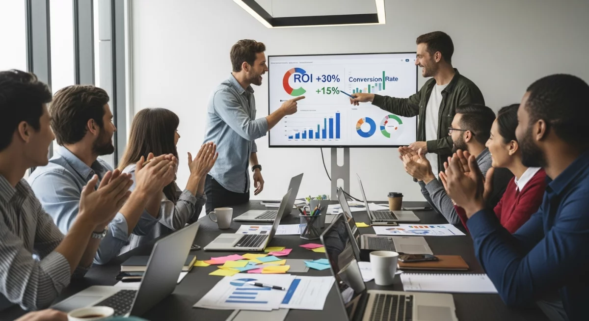 Équipe marketing collaborant autour d'une table avec ordinateurs portables et post-it colorés pour optimiser la stratégie ROI