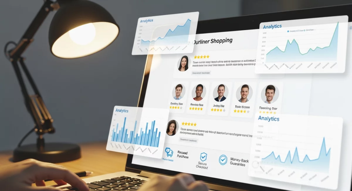 Interface d'e-commerce affichant des témoignages clients authentiques avec photos et évaluations détaillées, intégrant des compteurs de ventes en temps réel et des badges de confiance