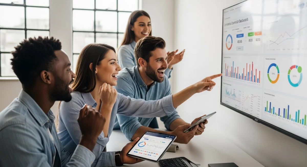 Dashboard d'analyse CRO affichant des heatmaps de clics, résultats d'A/B tests et métriques de conversion en temps réel, avec des graphiques comparatifs avant-après optimisation