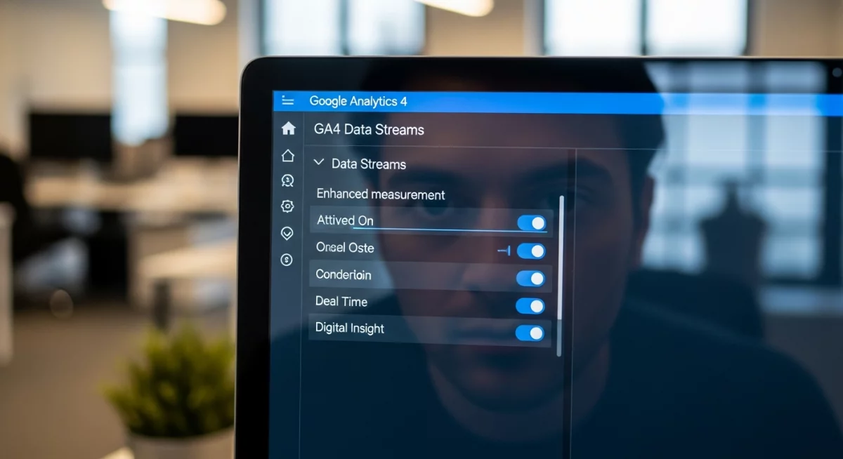 Écran de configuration montrant l'interface Google Analytics 4 avec les paramètres de flux de données et les options de mesures améliorées activées