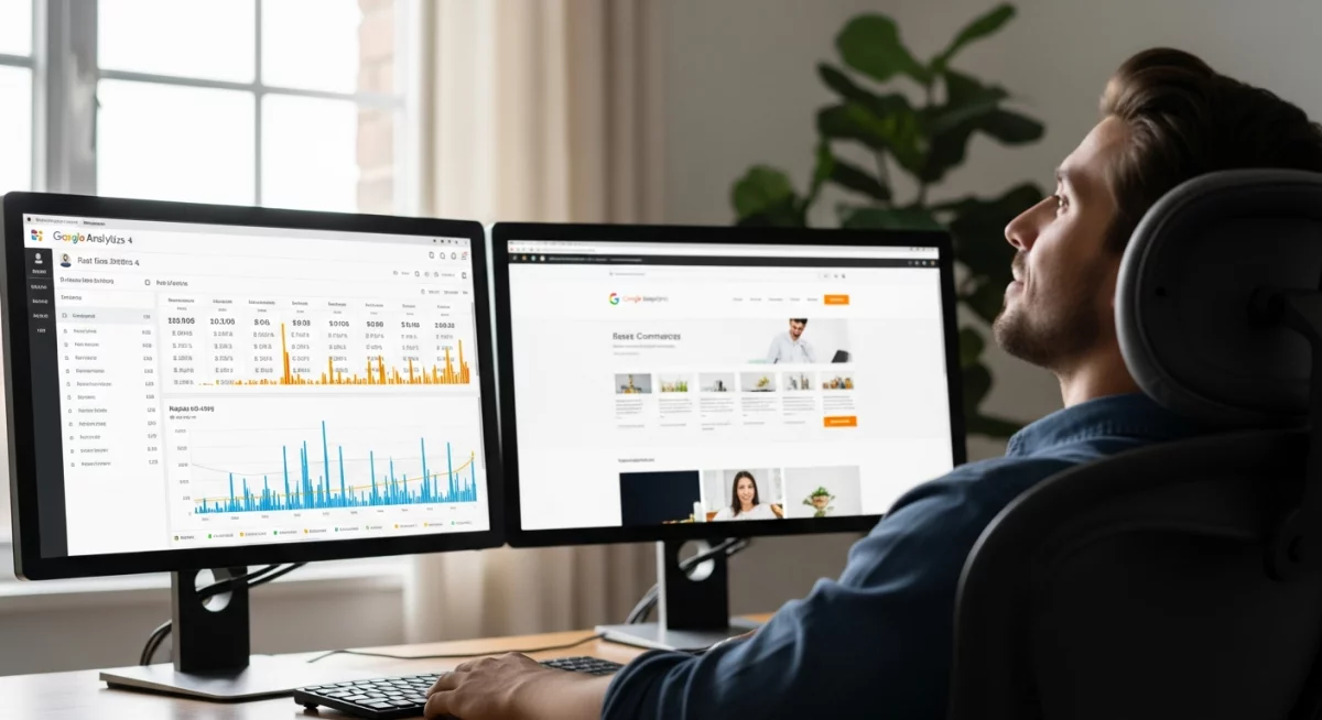 Interface de tableau de bord Google Analytics 4 affichant les rapports en temps réel avec des graphiques d'activité des utilisateurs et des événements suivis