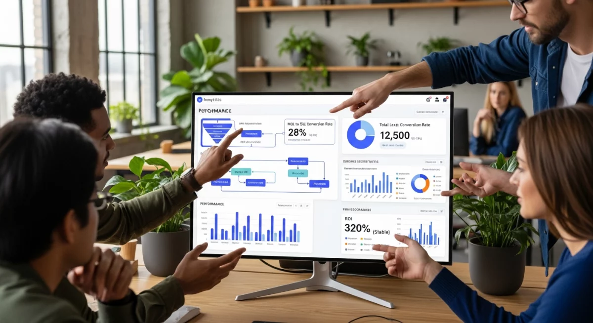 Tableau de bord analytique montrant des flux de workflows marketing automation avec des indicateurs de performance, taux de conversion et parcours clients segmentés sur plusieurs écrans