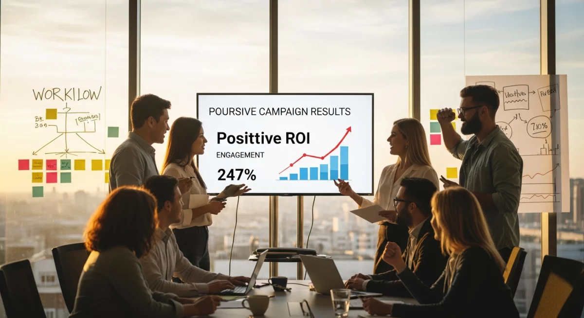 Équipe marketing collaborative analysant des graphiques de performance de workflows automation sur grand écran, ambiance professionnelle moderne avec post-its et schémas de parcours client