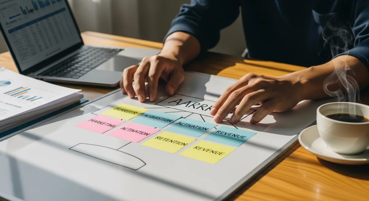 Dashboard analytique montrant les indicateurs AARRR d'une PME avec graphiques de progression pour chaque métrique sur un écran d'ordinateur moderne