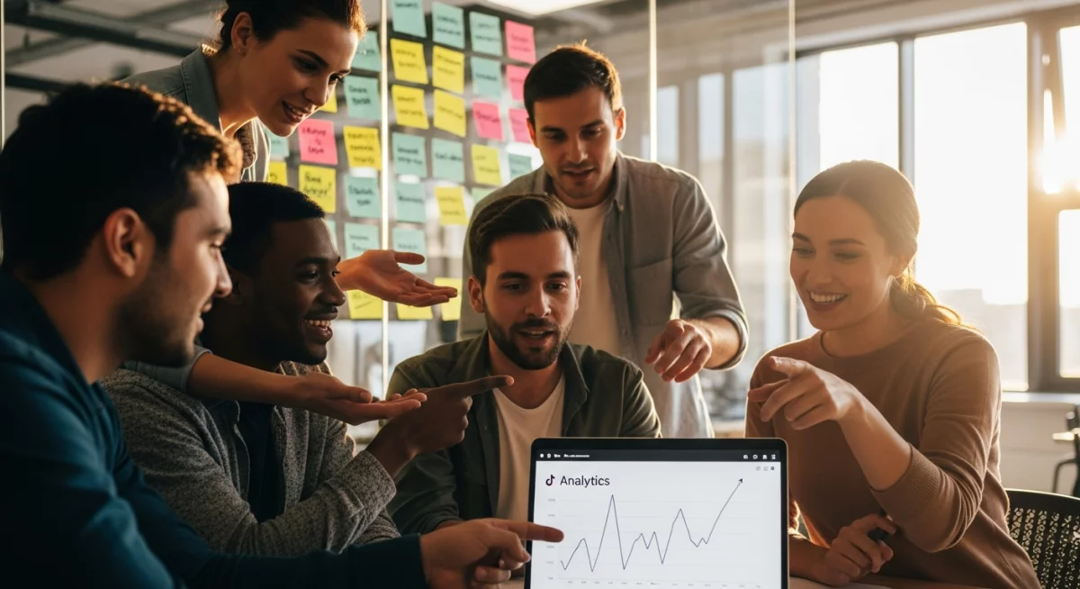 Tableau de bord analytique TikTok Ads Manager sur écran d'ordinateur montrant métriques de performance, graphiques de conversion et coût par lead pour campagne B2B