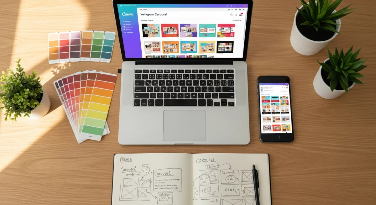 Écran de smartphone affichant un carrousel Instagram avec plusieurs slides colorées et cohérentes, illustrant une stratégie de contenu visuel efficace