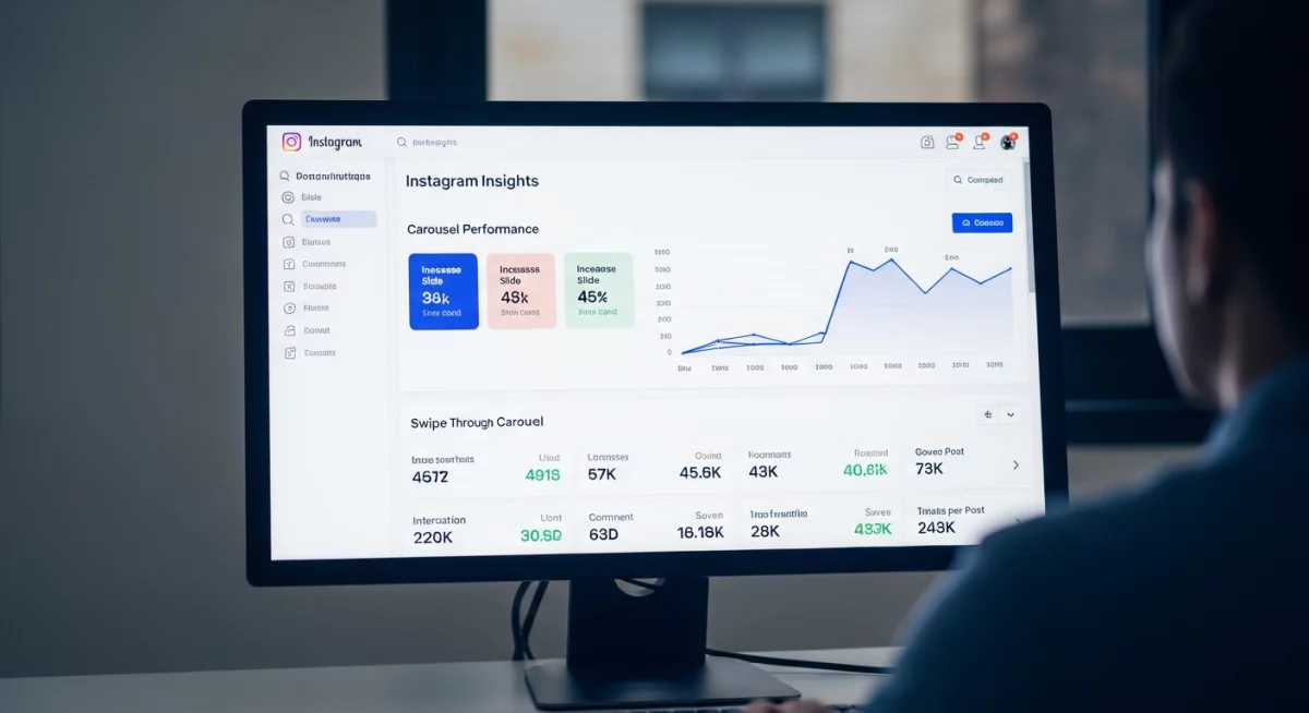 Designer travaillant sur un ordinateur avec plusieurs mockups de slides Instagram carrousel affichant des visuels cohérents et un storytelling structuré