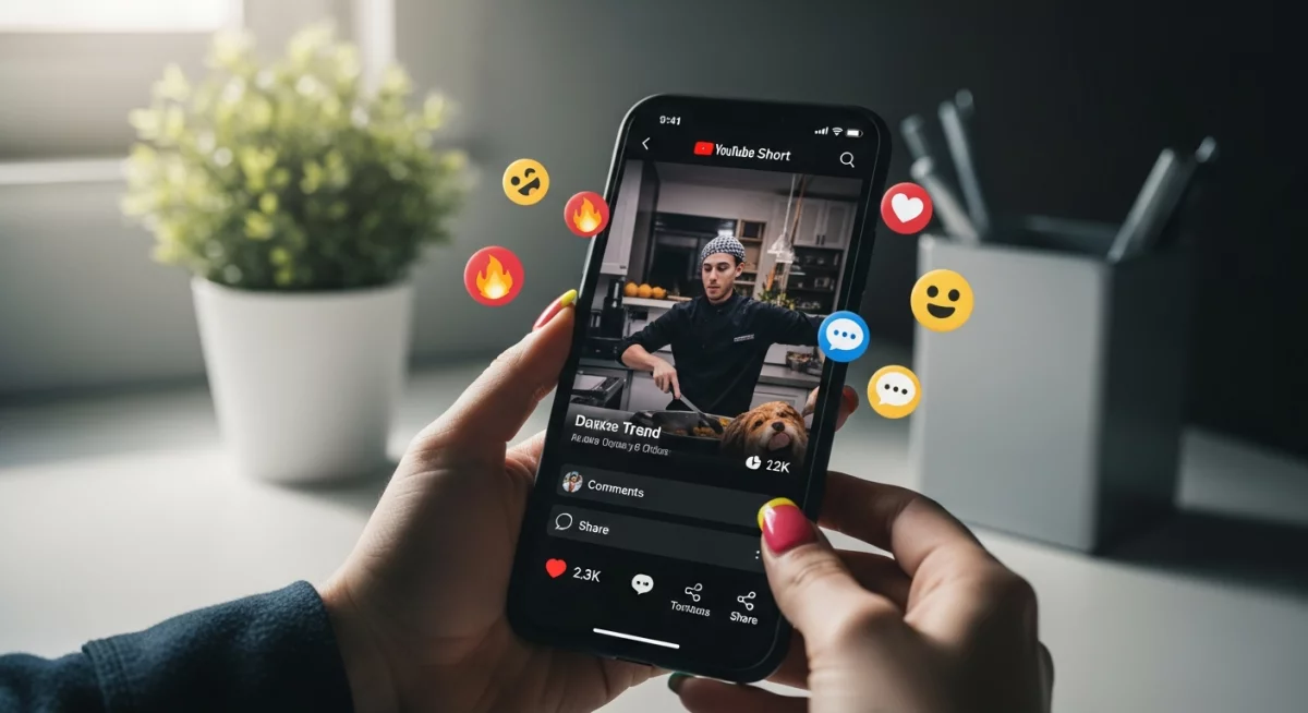 Créateur de contenu analysant les métriques de performance sur plusieurs écrans montrant des statistiques YouTube Shorts et Instagram Reels côte à côte