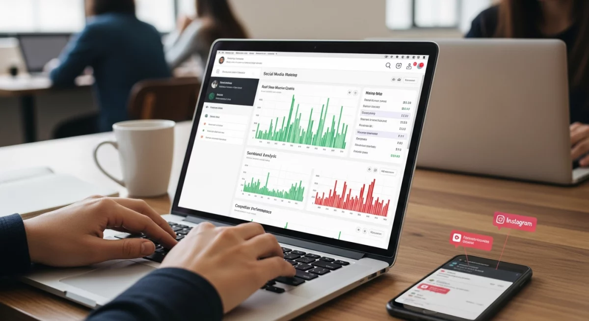 Interface de tableau de bord montrant des graphiques d'analyse de mentions et de sentiment sur plusieurs réseaux sociaux avec des métriques d'engagement en temps réel