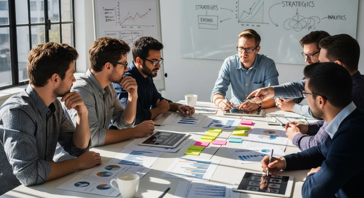 Professionnel du marketing analysant des rapports comparatifs sur écran avec des graphiques de performance concurrentielle et des notifications d'alertes sociales