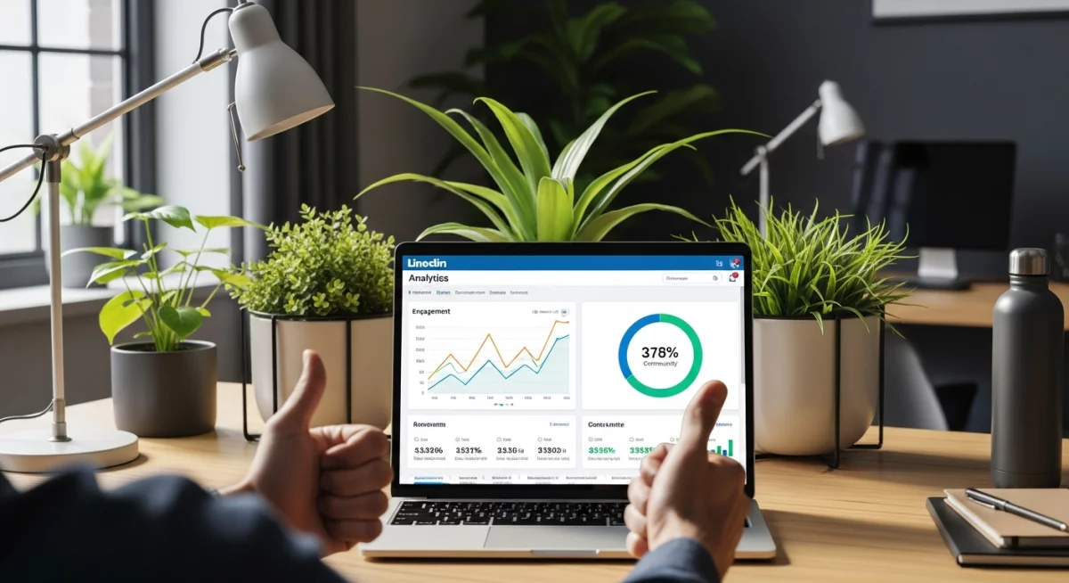 Écran d'ordinateur affichant les statistiques d'engagement LinkedIn avec graphiques de croissance et métriques de communauté