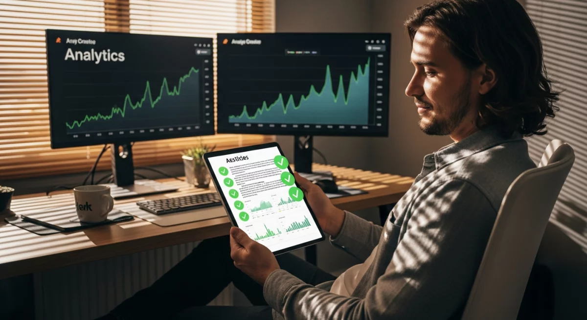 Écran montrant un tableau comparatif détaillé d'outils IA avec colonnes de fonctionnalités, prix et évaluations, personne pointant vers les critères de sélection