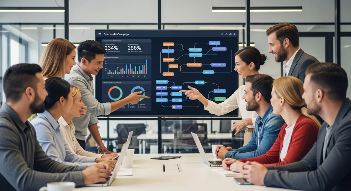 Marketer concentré devant deux écrans affichant des workflows Zapier interconnectés, avec des icônes d'applications marketing flottantes et des indicateurs de tâches automatisées accomplies, ambiance de bureau moderne éclairé naturellement