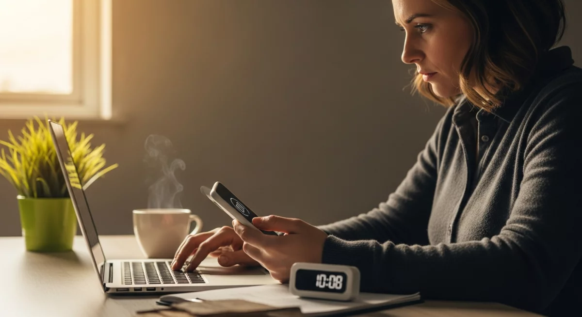 Vue rapprochée d'un minuteur Pomodoro vintage rouge sur un bureau minimaliste avec un carnet ouvert et un stylo, lumière naturelle douce créant des ombres douces