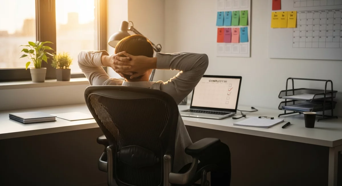Professionnel concentré travaillant sur ordinateur portable dans un environnement de travail confortable avec plante verte, tasse de café, lumière d'après-midi chaude créant une ambiance productive