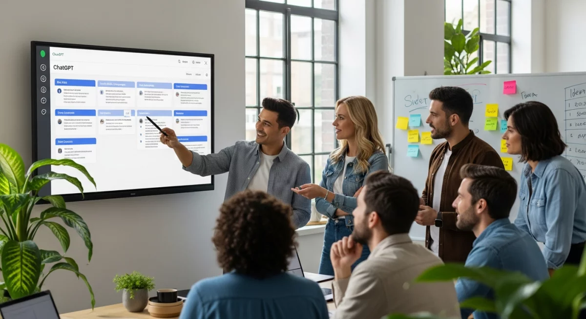 Professionnel du marketing utilisant ChatGPT sur ordinateur portable pour générer des idées créatives de contenu, écran affichant des listes de prompts et suggestions, bureau moderne avec carnet de notes et café, concentration et inspiration visible, lumière naturelle douce créant une ambiance productive