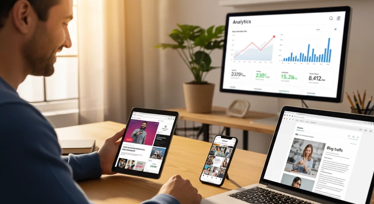 Équipe marketing collaborative analysant des résultats de brainstorming avec ChatGPT, tableau blanc rempli d'idées colorées et post-it, écrans affichant tableaux comparatifs des idées et système de notation, ambiance dynamique et créative, éclairage naturel illuminant l'espace de travail moderne