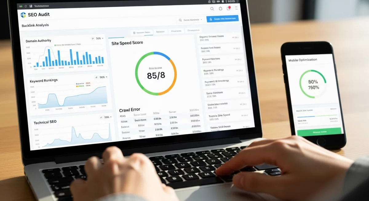 Écran d'ordinateur affichant un tableau de bord d'analyse SEO avec graphiques de performance, métriques de backlinks et indicateurs de mots-clés, lumière naturelle de bureau, style éditorial professionnel