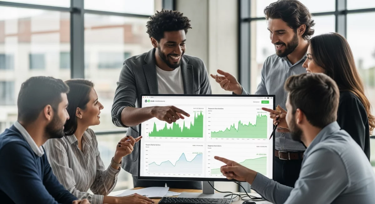 Consultant SEO analysant des données sur deux écrans, l'un montrant des graphiques de trafic organique, l'autre affichant des recommandations techniques, ambiance de travail concentrée avec café, lumière d'après-midi