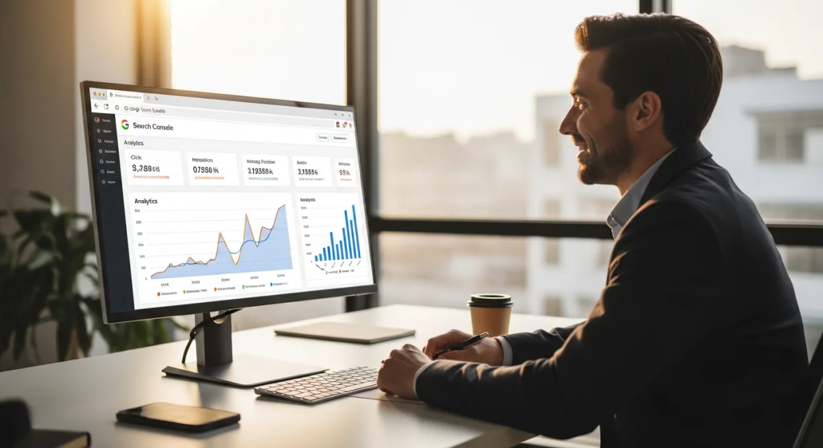 Tableau de bord Google Search Console affichant les statistiques de performance et d'indexation d'un site web