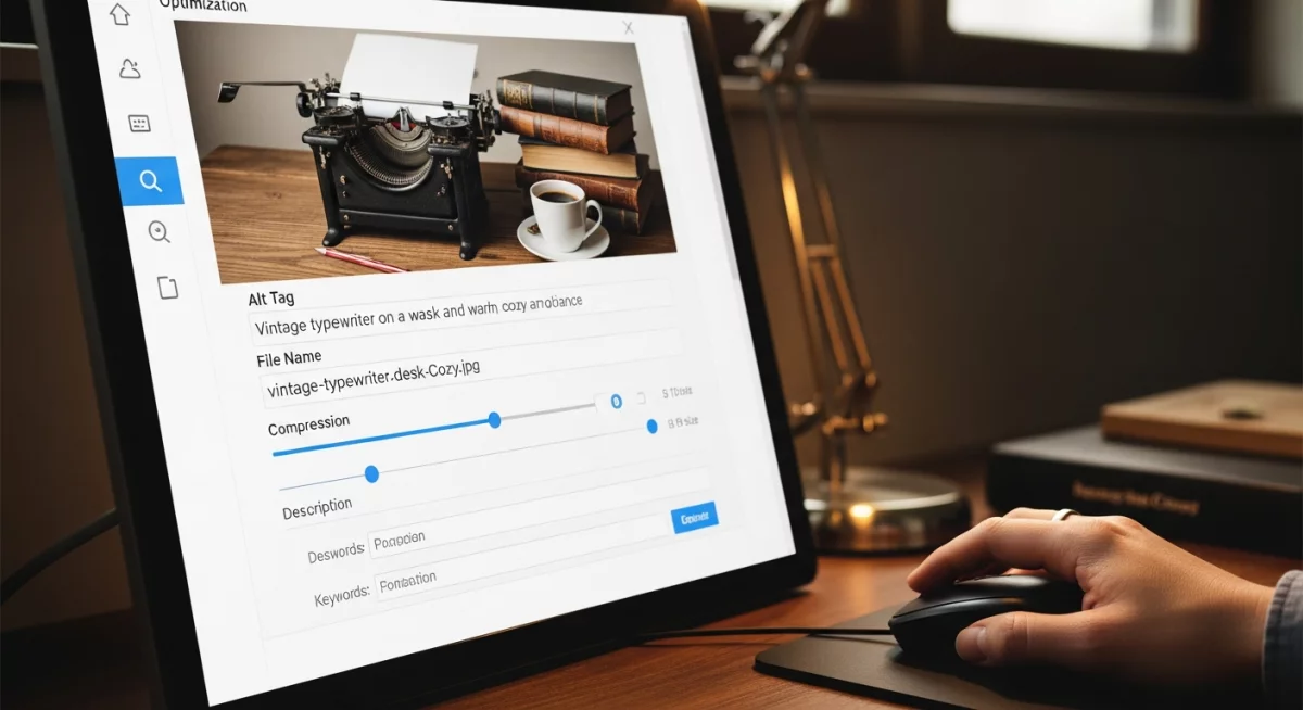 Écran d'ordinateur affichant l'interface d'optimisation d'images avec les champs de métadonnées, balises alt et paramètres de compression visibles