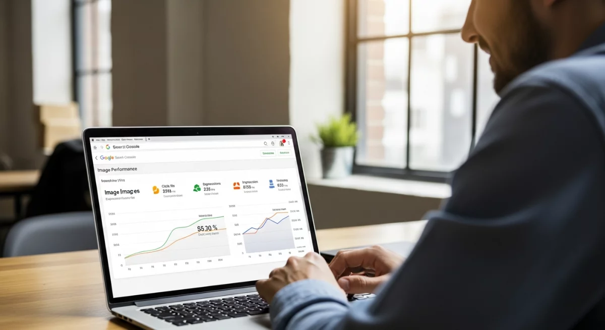 Dashboard Google Search Console montrant les performances des images dans les résultats de recherche avec graphiques de clics et impressions