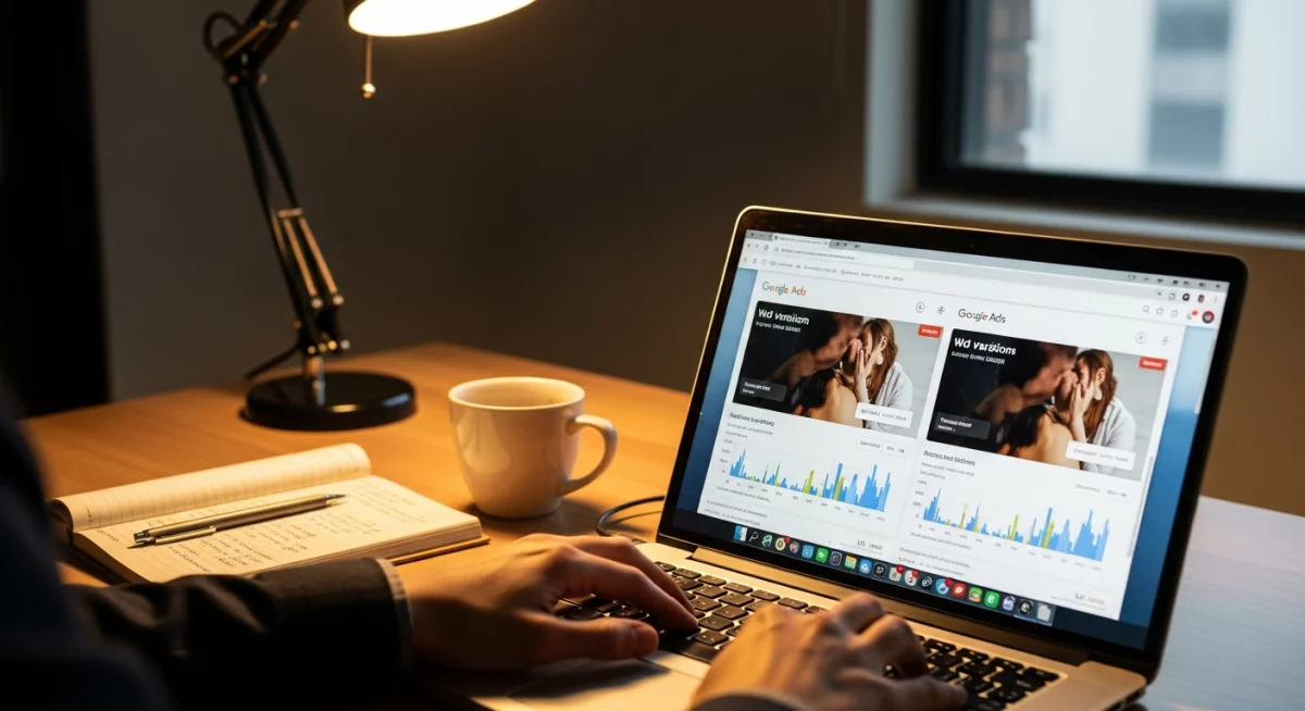 Écran d'ordinateur affichant l'interface Google Search Console avec les métriques de CTR, courbes d'impressions et de clics, environnement de travail professionnel