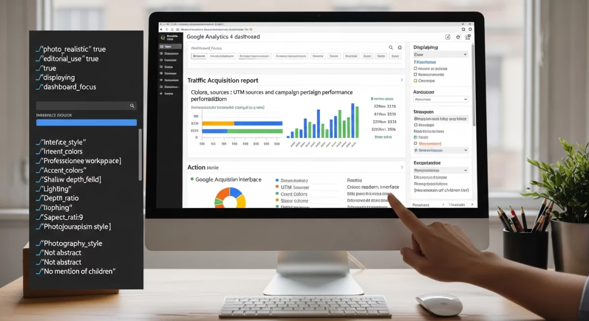 Professionnel du marketing créant des paramètres UTM sur son ordinateur avec un générateur d'URL visible à l'écran