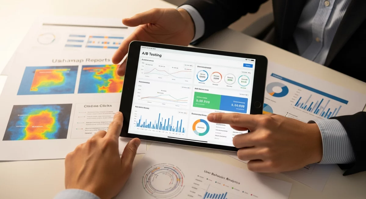 Professionnel analysant des données de tests A/B sur plusieurs écrans montrant des graphiques de performance et taux de conversion