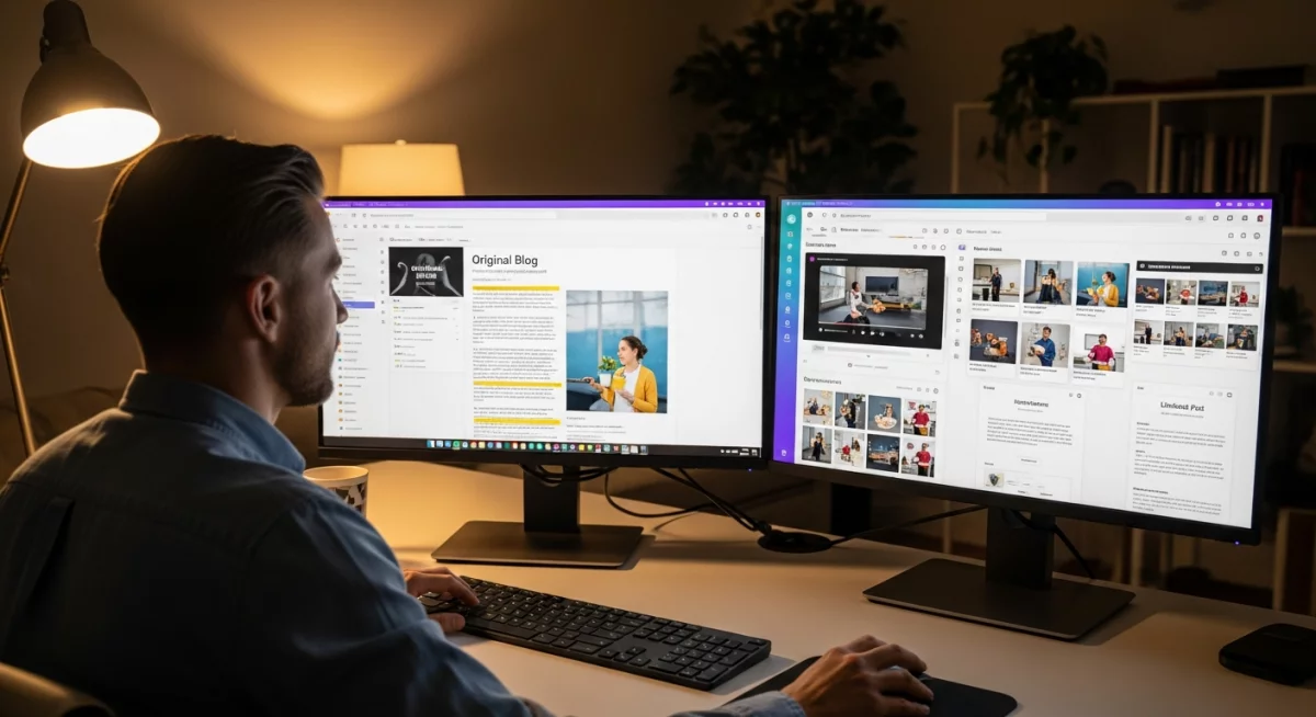 Professionnel du marketing organisant visuellement des extraits d'articles en différents formats de posts pour réseaux sociaux sur un grand tableau blanc