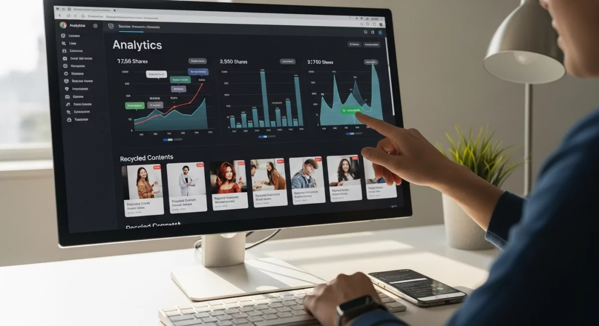 Écran d'ordinateur montrant plusieurs posts réseaux sociaux publiés simultanément sur différentes plateformes avec graphiques de performance en augmentation