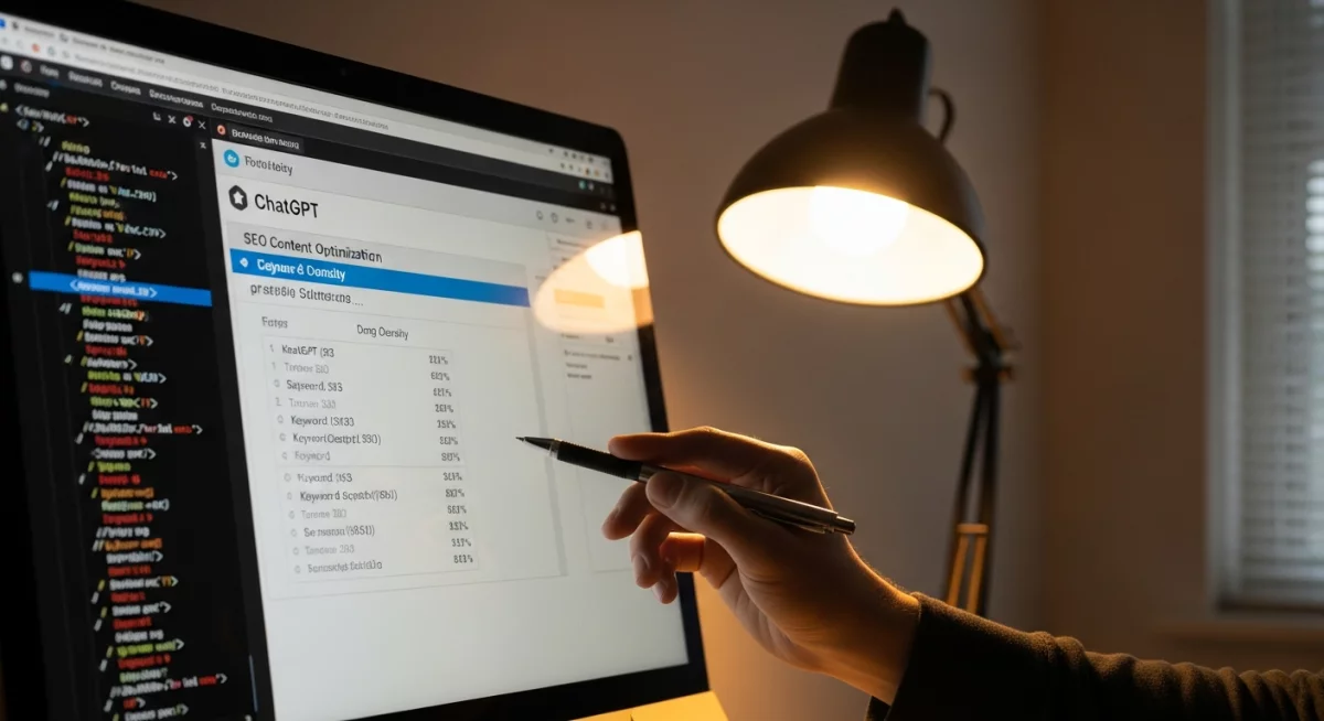 Professionnel SEO utilisant ChatGPT sur ordinateur pour générer des prompts d'optimisation, écran montrant du code et des mots-clés, ambiance de travail concentrée