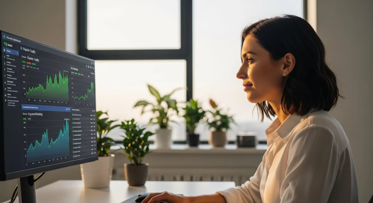 Dashboard d'analyse SEO montrant des graphiques de performance, mots-clés en progression, backlinks et métriques de trafic organique, écran professionnel